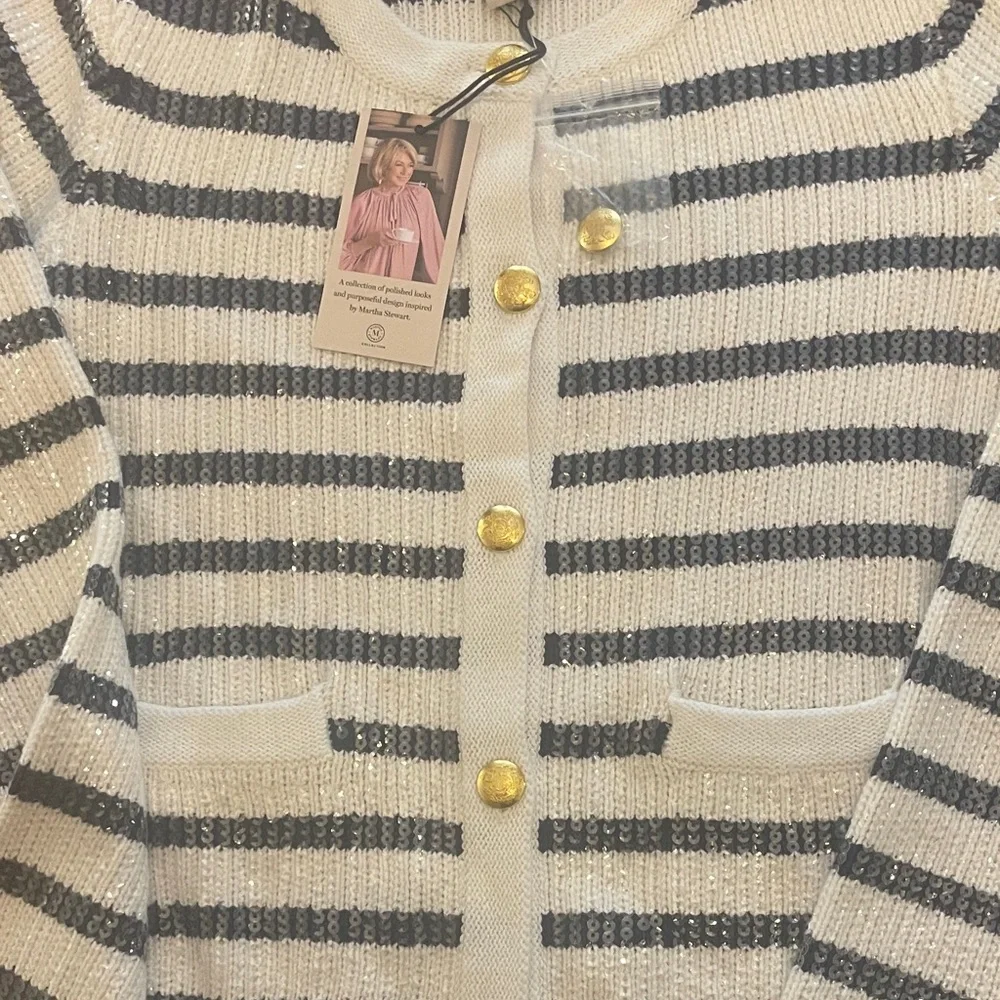 Martha Stewart White and Navy Striped Cardigan - Picture 4 of 6